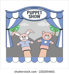 Puppet show on outdoor stage. Puppet theater with hand dolls. Puppet theater for finger toys animals. Doll is wearing on the fingers of the human hand. flat vector illustration