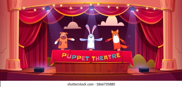 Puppet show on theater stage with red curtains and spotlights. Vector cartoon illustration of theatre for kids with marionettes. Wooden scene with animal toys on hands
