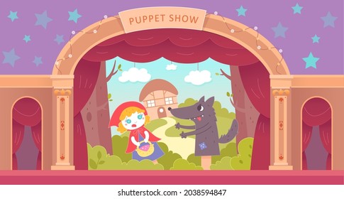 Puppet Show On Theater Stage Vector Illustration. Cartoon Puppet Show With Hand Doll, Entertainment Performance Background