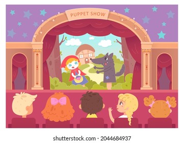 Puppet Show On Theater Stage Vector Illustration. Cartoon Children Audience Sitting In Chairs, Watching Puppet Show With Hand Doll, Boy Girl Child Characters Enjoy Entertainment Performance Background