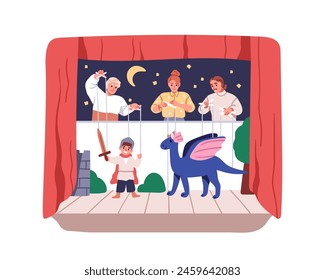 Puppet show on theater stage. Marionette theatre performance, puppetry play with dragon, fairy tale characters. Acting with toys on strings. Flat vector illustration isolated on white background