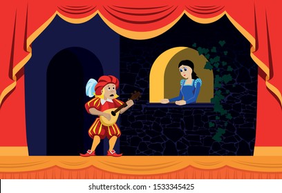 Puppet Show Presentation.  The doll young man playing a mandolin under the window of his beloved. Romantic scene. Illustration, vector.