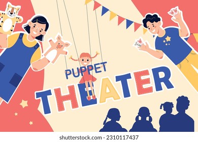 Puppet show theatre composition with collage of flat text doodle human characters and silhouettes of kids vector illustration