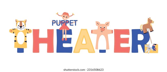 Puppet show theatre composition of flat text with animal puppets on letters and little girl character vector illustration