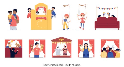 Puppet show theatre flat set of isolated compositions showing artists performing with puppets and kids watching vector illustration