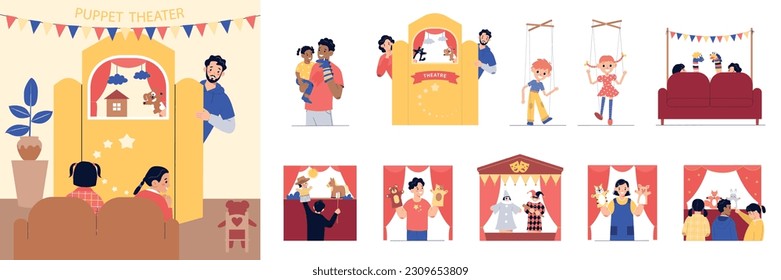 Puppet show theatre set with flat isolated compositions of adult performers moving puppets and children watching vector illustration