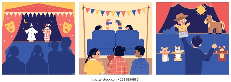 Puppet show theatre set with square compositions of theatrical performance with puppet actors and kids audience vector illustration