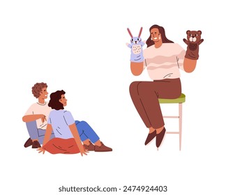 Puppet show. Vector illustration of a woman showing a fairy tale performance for children with animal dolls in her arms. Cartoon flat style on isolated background. Leisure and recreational pastime.