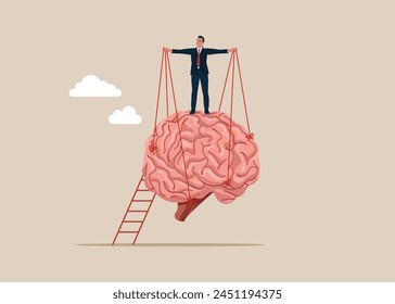 Puppet string to control the brain. Effort and time to make money. Manipulate man mind. Flat vector illustration