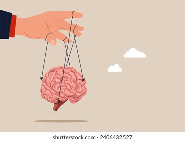 Puppet string to control the brain. Flat vector illustration