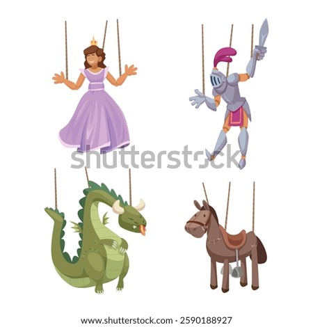 Puppet strings. Wooden dummy theatrical puppet in action poses exact vector hand manipulation concept illustrations string controller