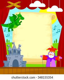 puppet theater with blank scroll for caption. Each element is grouped separately for easy editing.