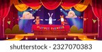 Puppet theater child show stage vector background. Kid theatre with marionette and hand toy funny scene cartoon illustration. Rabbit, fox and bunny childish animal character performance entertainment