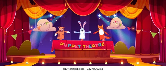 Puppet theater child show stage vector background. Kid theatre with marionette and hand toy funny scene cartoon illustration. Rabbit, fox and bunny childish animal character performance entertainment