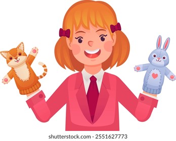 Puppet theater dolls on girl hands. Happy kid isolated on white background