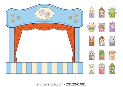 Teatro de marionetas con personajes de cuento de hadas para actividades de niños cortados de papel. Estilo de dibujos animados, vector