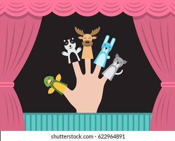 Puppet theater for finger toys animals. Doll is wearing on the fingers of the human hand and all is depicted on the background of a theatre stage curtain