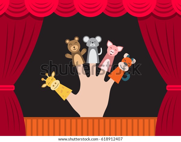 Кукольный театр для пальцев игрушки животных. Кукла носит на пальцах человеческой руки и все изображено на фоне сценического занавеса театра