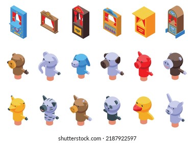 Puppet theater icons set isometric vector. Marionette doll. Theater kid