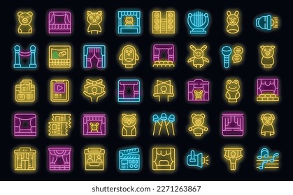 Puppet theater icons set outline vector. Doll marionette. Kid theater neon color on black