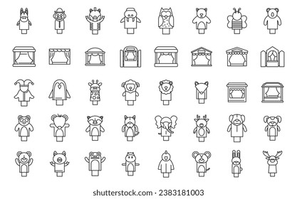 Puppet theater icons set outline vector. Marionette doll kid. Child activity