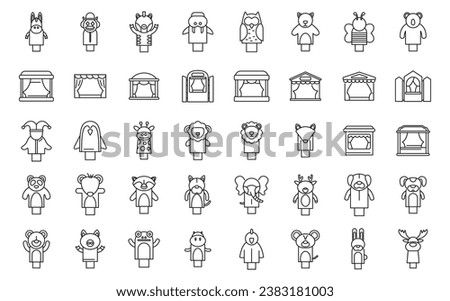 Puppet theater icons set outline vector. Marionette doll kid. Child activity