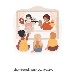 Puppet theater isolated cartoon vector illustration. Play hand puppet, marionette theatre, imagination and creativity development activities in kindergarten, early education cartoon vector.