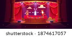 Puppet theater on stage, funny dolls perform show for children on scene with red curtains, stairs and illumination. Hand toys dog, rabbit and fox theatrical performance, Cartoon vector illustration