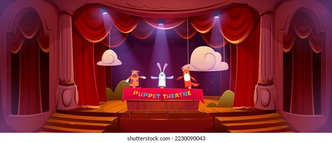 Puppet theater on stage, funny dolls perform show for children on scene with red curtains, stairs and illumination. Hand toys dog, rabbit and fox theatrical performance, Cartoon vector illustration