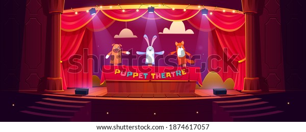 Puppet theater on stage, funny dolls perform\
show for children on scene with red curtains, stairs and\
illumination. Hand toys dog, rabbit and fox theatrical performance,\
Cartoon vector\
illustration