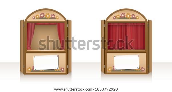 Puppet theater\
with open and closed curtain and a blank staging announcement\
banner. Punch and judy booth, stage play for children. Vector\
illustration on white\
background.\
