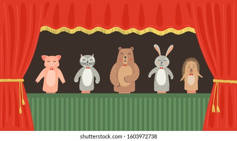 Puppet theater. Pig, cat, bear, rabbit and hedgehog hand puppets on the scene with red curtain. 
