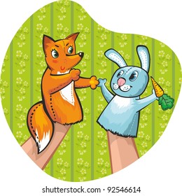 Puppet Theater. Rabbit and fox tell the tale. puppet-show 