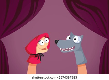 
Puppet Theater with Red Riding Hood and Wolf Vector Characters. Puppeteers performing kids play on a stage
