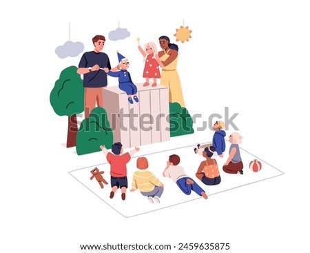 Puppet theater show. Marionette performance for children. Cute kindergarten kids, boys and girls watching puppetry, toy theatre, fairytale dolls. Flat vector illustration isolated on white background