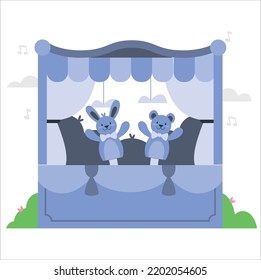 Puppet theater. Puppet show on theater stage with red curtains and spotlights. Vector cartoon illustration of theatre for kids with marionettes. Wooden scene with animal toys on hands. Flat cartoon