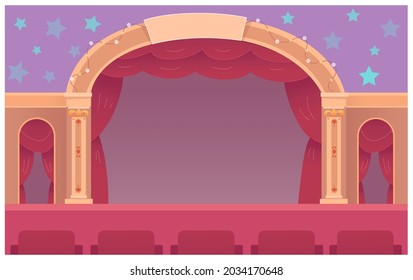 Puppet theater stage with red curtains vector illustration. Cartoon empty illuminated vintage stage for theatrical performance show and seats for audience, concert in theatre interior background