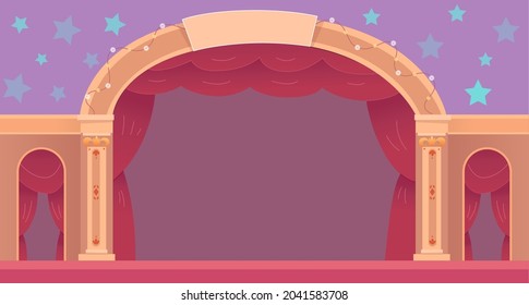 Puppet theater stage with red curtains vector illustration. Cartoon empty illuminated vintage stage for theatrical performance show and seats for audience, concert in theatre interior background