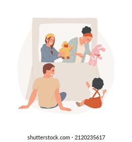 Puppet theatre abstract concept vector illustration. Family performance, puppet play, home theatre, creative entertainment for kids, parental child care, homebased daycare abstract metaphor.