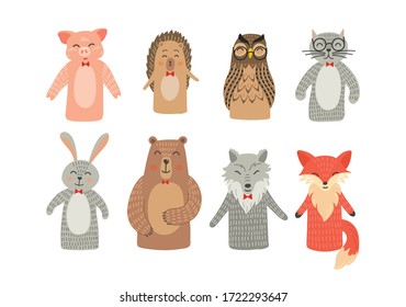 Puppet theatre. Hand toys animals set: pig, hare, fox, owl, rabbit, woolf and bear. 