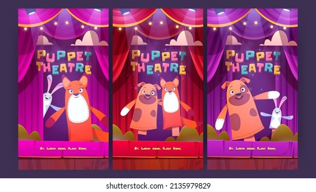 Puppet theatre, marionette show for kids posters with dog, rabbit and fox dolls on stage with red curtains. Vector invitation flyers with cartoon illustration of children theater with animal toys