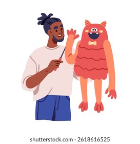 Puppet toy marionette on actors arm. Puppetry theater actor holding cute dummy, doll on hand, performing fantasy show with fairytale character. Flat vector illustration isolated on white background
