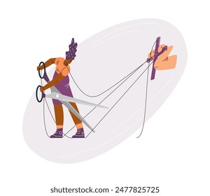 Puppet woman controlled by hand fights for liberation and freedom, emancipation vector illustration. Cartoon marionette character cut ropes with scissors, releasing. Manipulation, independence