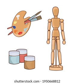A puppet, a wooden doll on hinges and paint. Layout of the human figure and materials for art, palette and paint. Design element, isolated object, layout print.