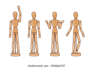 Una marioneta, una marioneta de madera sobre bisagras. Una burla de una figura humana. Poses. Elemento de diseño, objeto aislado, impresión de diseño.