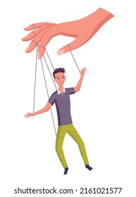 Puppeteer hand controlling puppet. Business man or worker being controlled by puppet master. Manipulates man like puppet. Employer domination exploitation or authority manipulator