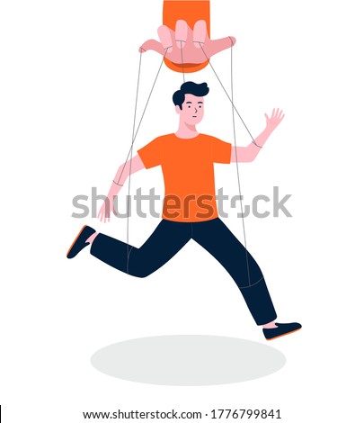 Puppeteer Hand Controlling Puppet. Business man being controlled by puppet master. Manipulates a man like a puppet. marionette, Mind controlled, Modern flat vector illustration.