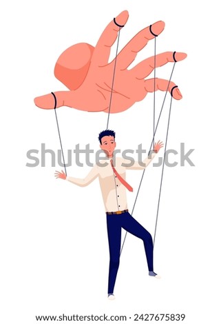 Puppeteer hand controlling puppet. Business man or worker being controlled by puppet master. Manipulates man like puppet. Employer domination exploitation or authority manipulator