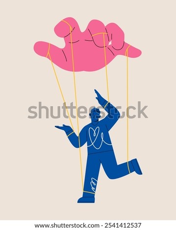 Puppeteer Hand Controlling Puppet. Man being controlled by big hand. Mind controlled. Colorful vector illustration
