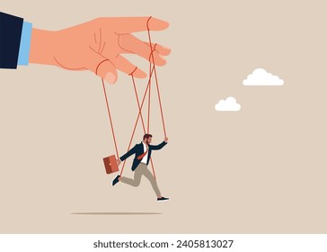 Puppeteer hands controlling puppets. Employer domination exploitation. Unhealthy toxic relationships. Flat vector illustration